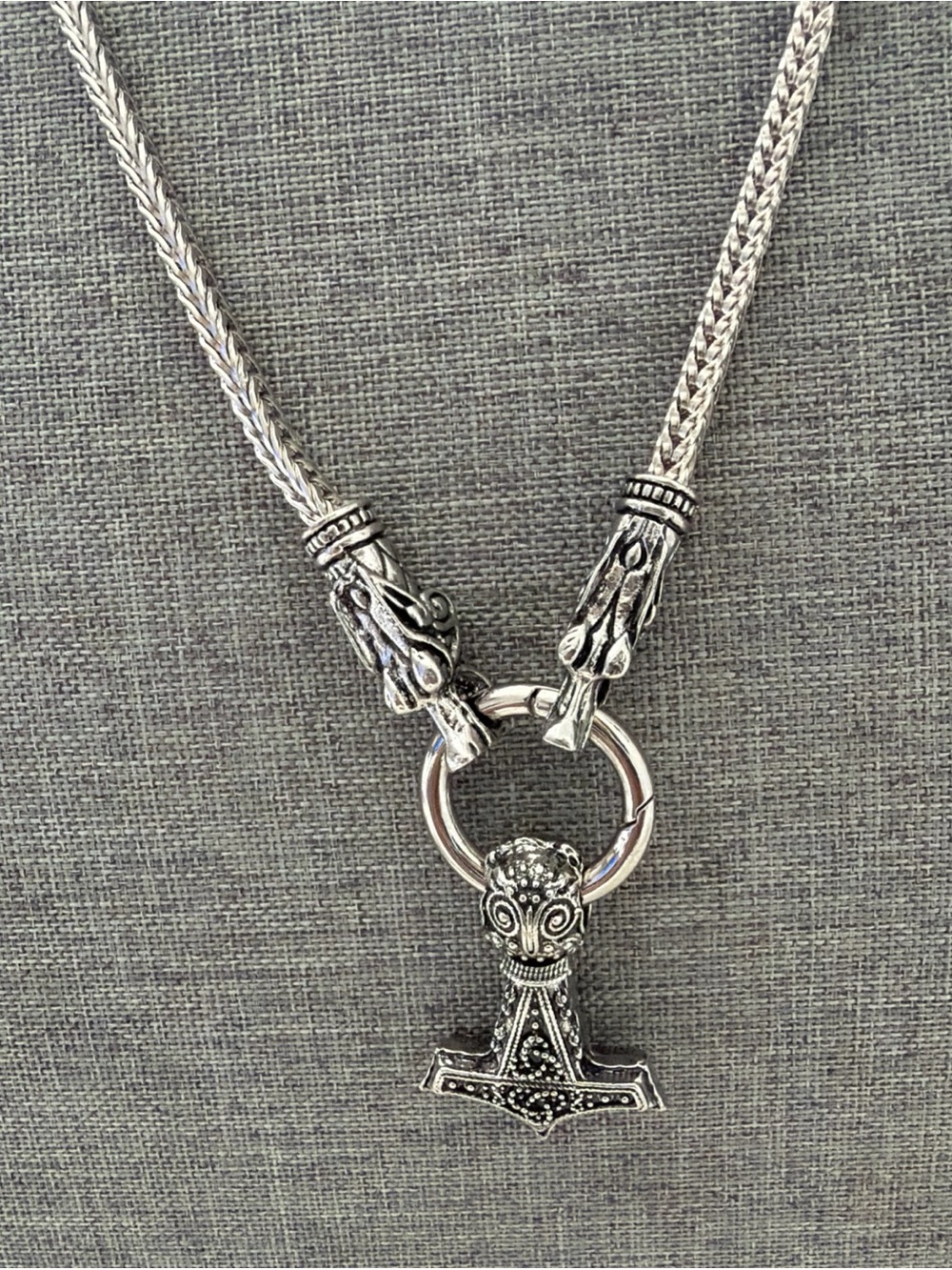 Intricate Silver-Tone Viking Hammer Necklace with Ring Detail